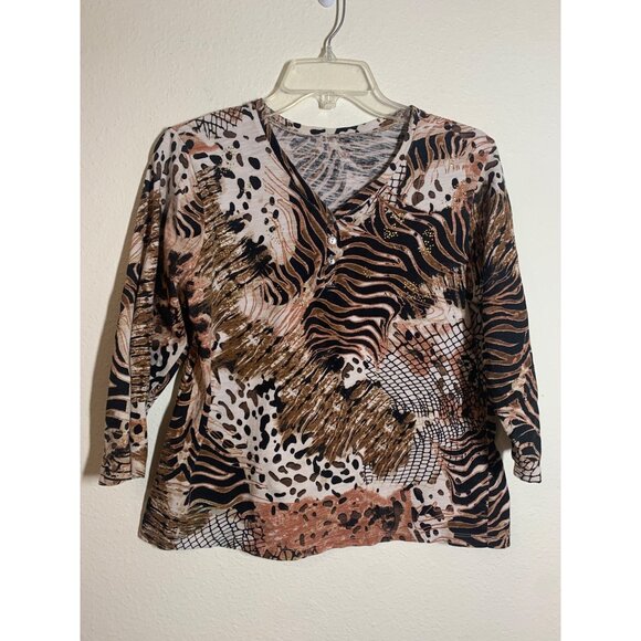 Jane Ashley Tops - VTG Jane Ashley T-Shirt Animal Print Grannycore Y2K 3/4 Sleeve Brown Size Large